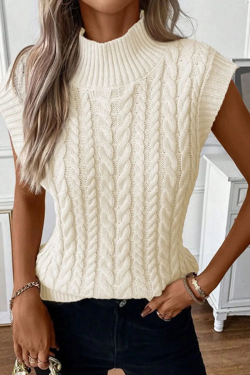 Oatmeal Cable Knit High Neck Sweater Vest - Love Salve